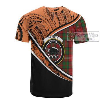 Nesbitt (Nisbet) Crest Tartan Cotton T-shirt with Polynesian Vibes Style - Orange Version