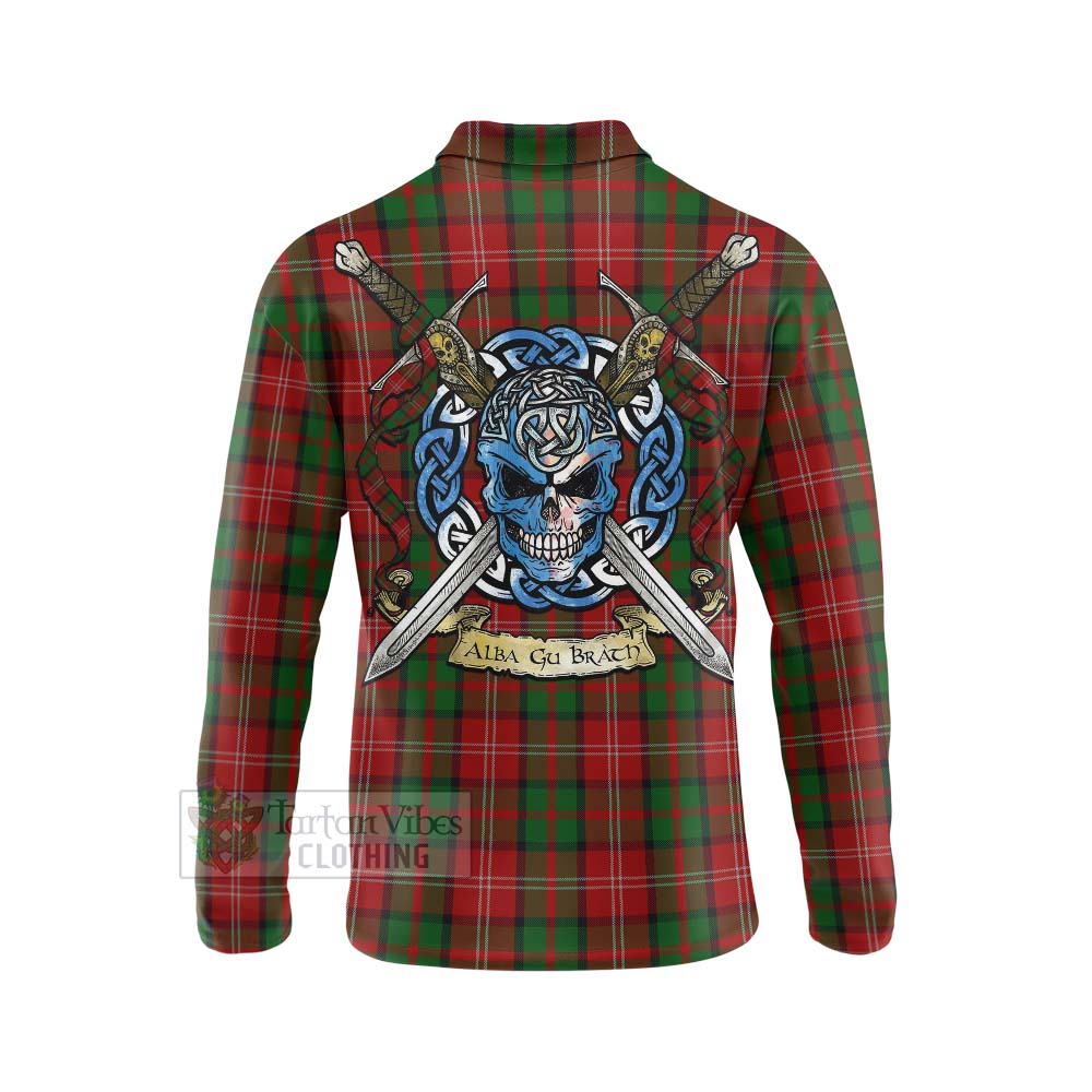 Tartan Vibes Clothing Nesbitt (Nisbet) Tartan Long Sleeve Polo Shirt with Family Crest Celtic Skull Style