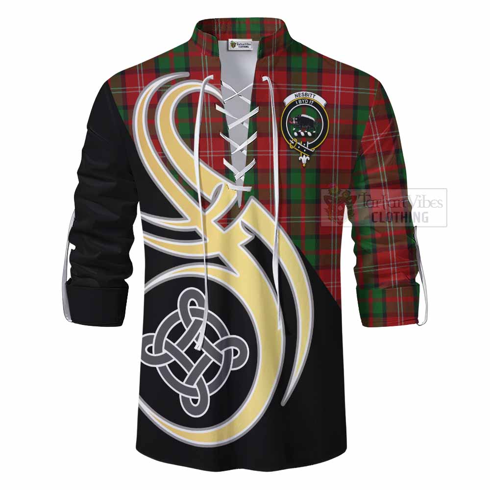 Tartan Vibes Clothing Nesbitt (Nisbet) Tartan Ghillie Kilt Shirt with Family Crest and Celtic Symbol Style