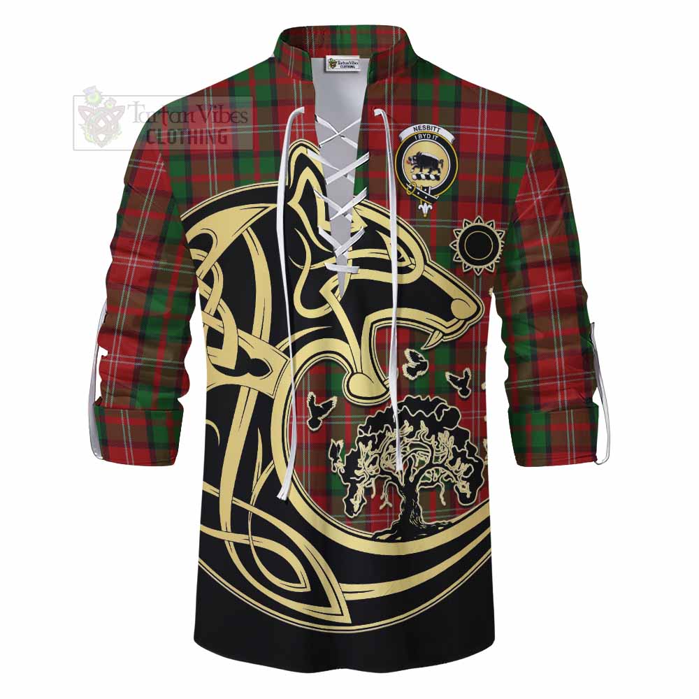 Tartan Vibes Clothing Nesbitt (Nisbet) Tartan Ghillie Kilt Shirt with Family Crest Celtic Wolf Style