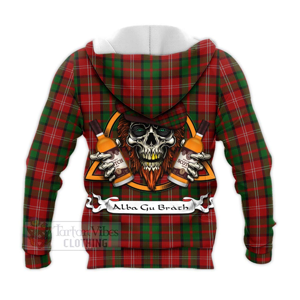 Tartan Vibes Clothing Nesbitt (Nisbet) Tartan Knitted Hoodie with Family Crest and Bearded Skull Holding Bottles of Whiskey