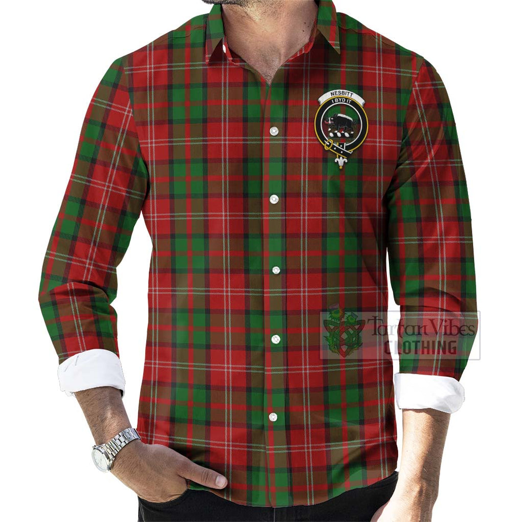 Tartan Vibes Clothing Nesbitt (Nisbet) Tartan Long Sleeve Button Shirt with Family Crest Celtic Skull Style