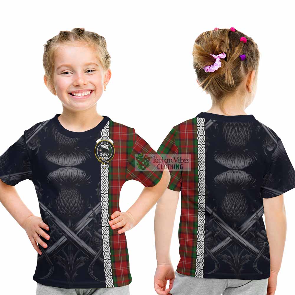 Tartan Vibes Clothing Nesbitt (Nisbet) Tartan Kid T-Shirt with Family Crest Cross Sword Thistle Celtic Vibes