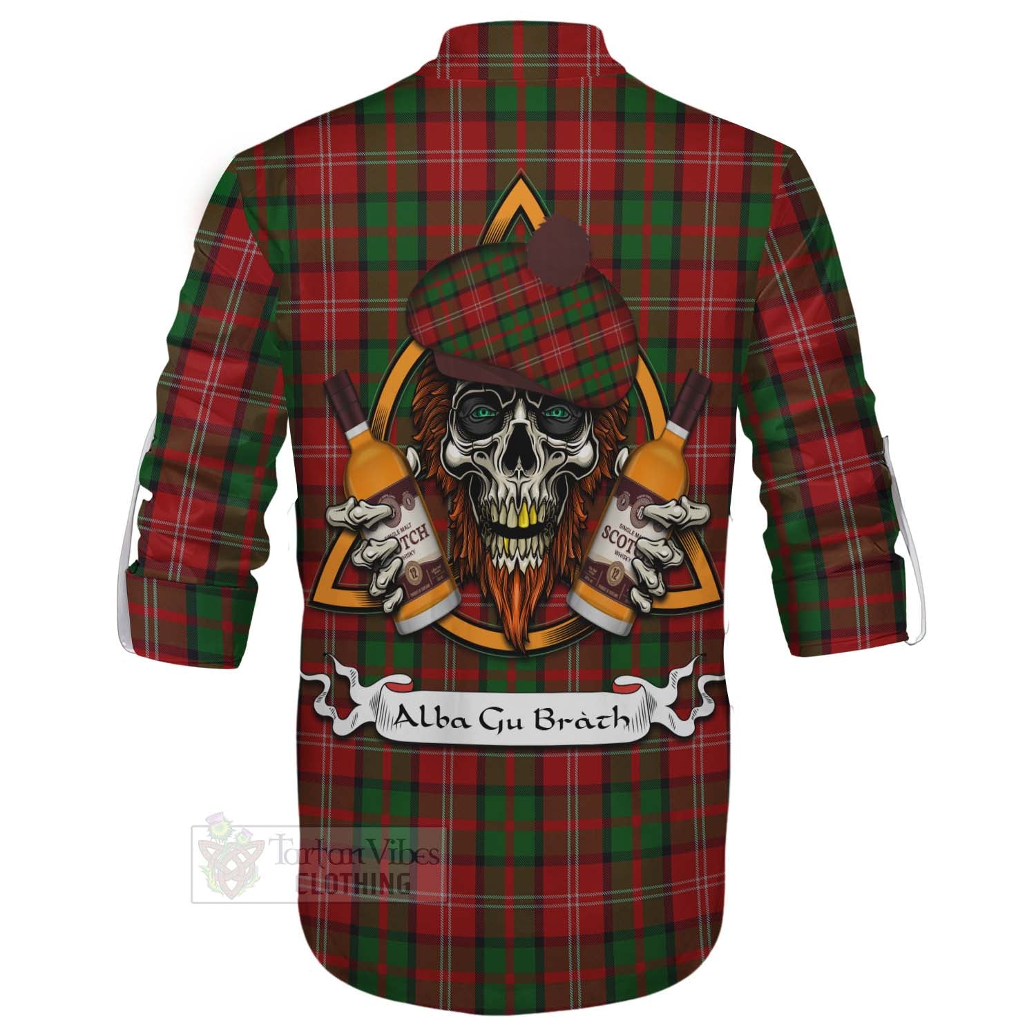 Tartan Vibes Clothing Nesbitt (Nisbet) Tartan Ghillie Kilt Shirt with Family Crest and Bearded Skull Holding Bottles of Whiskey