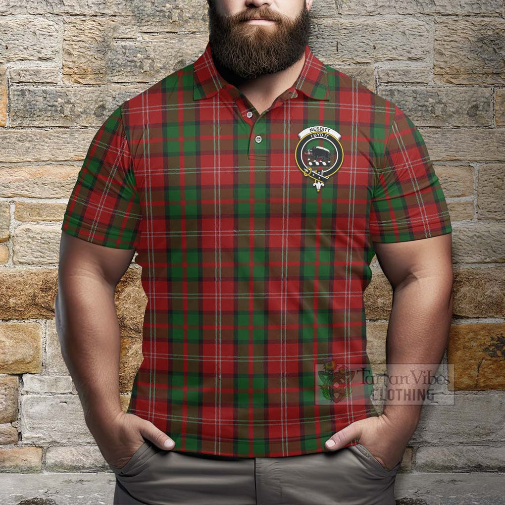 Tartan Vibes Clothing Nesbitt (Nisbet) Tartan Polo Shirt with Family Crest and Bearded Skull Holding Bottles of Whiskey