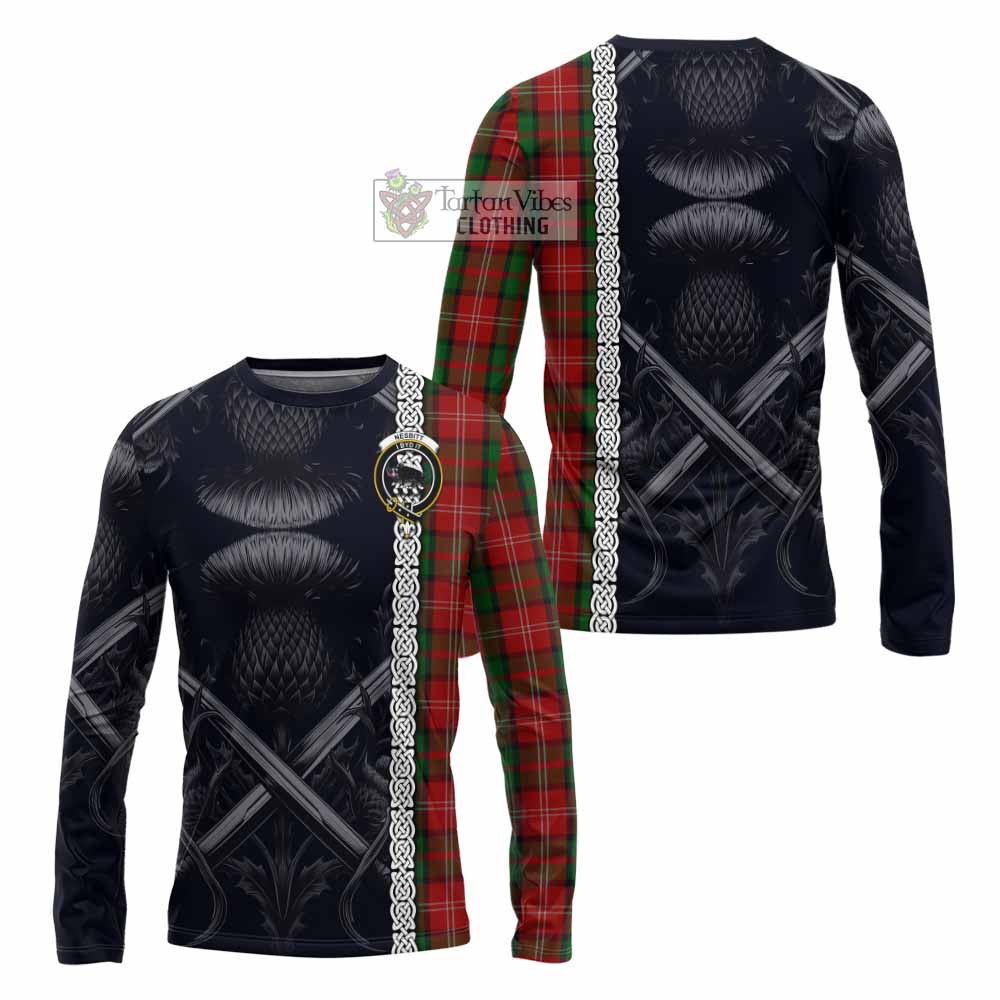 Tartan Vibes Clothing Nesbitt (Nisbet) Tartan Long Sleeve T-Shirt with Family Crest Cross Sword Thistle Celtic Vibes