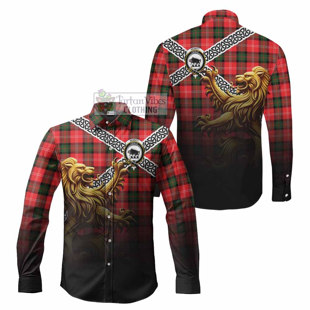 Nesbitt (Nisbet) Crest Tartan Long Sleeve Button Shirt with Golden Lion Emblem Celtic Style - Tartan Vibes Clothing