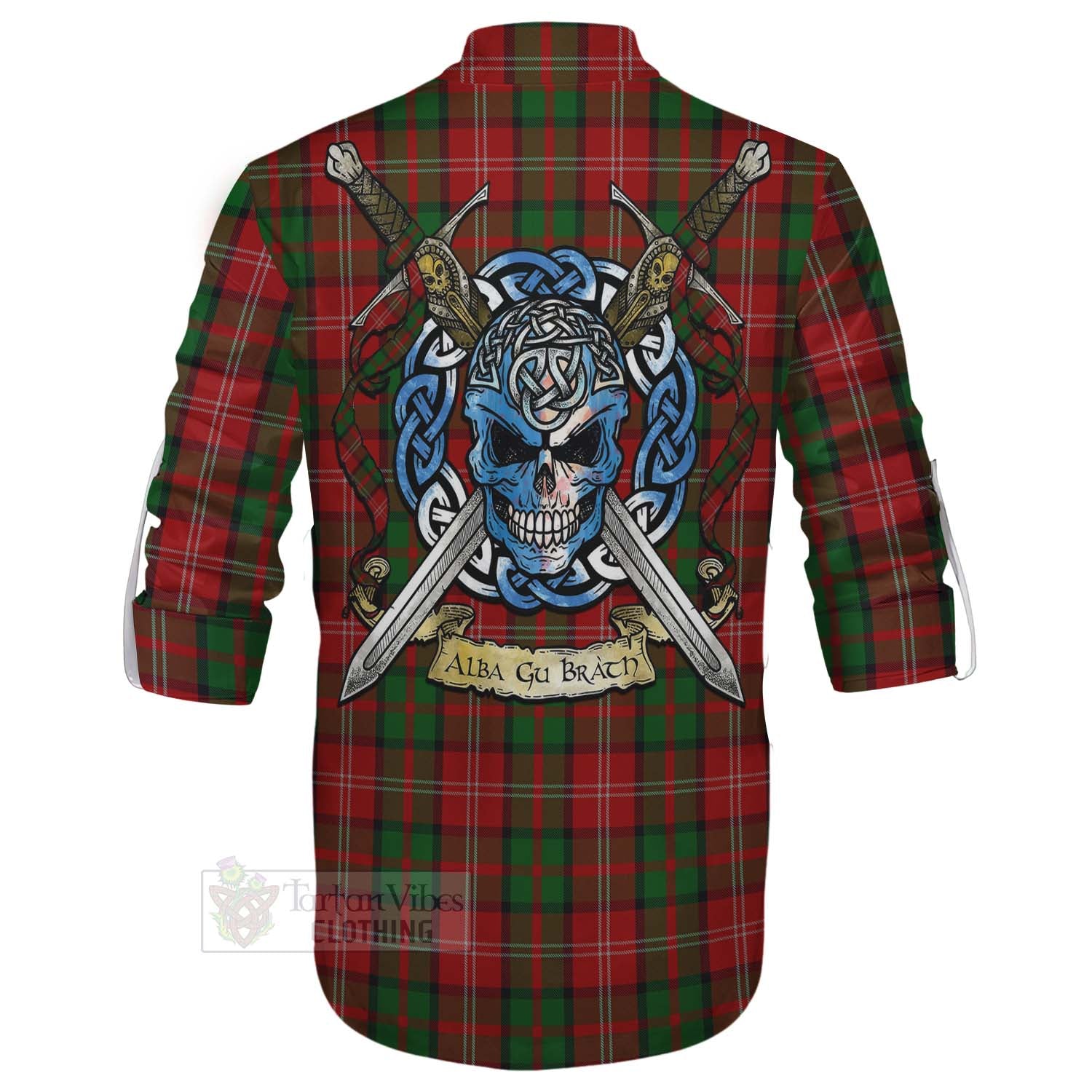 Tartan Vibes Clothing Nesbitt (Nisbet) Tartan Ghillie Kilt Shirt with Family Crest Celtic Skull Style