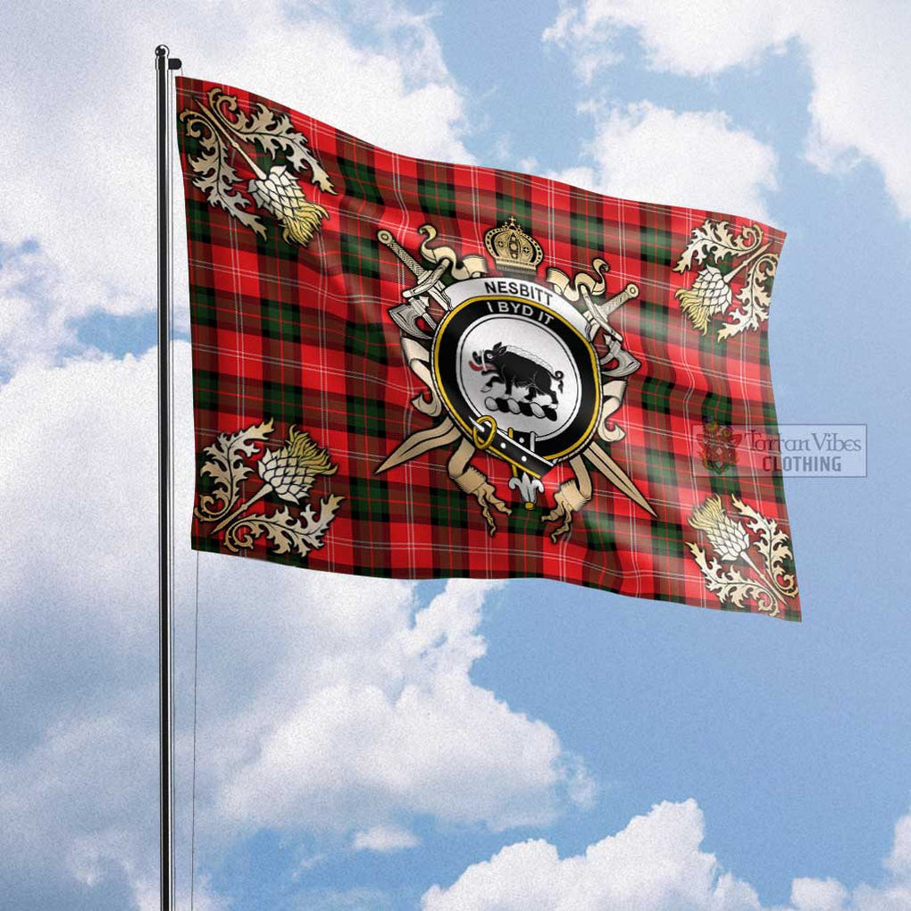 Tartan Vibes Clothing Nesbitt (Nisbet) Tartan Flag with Family Crest and Golden Thistle Crossed Sword Design