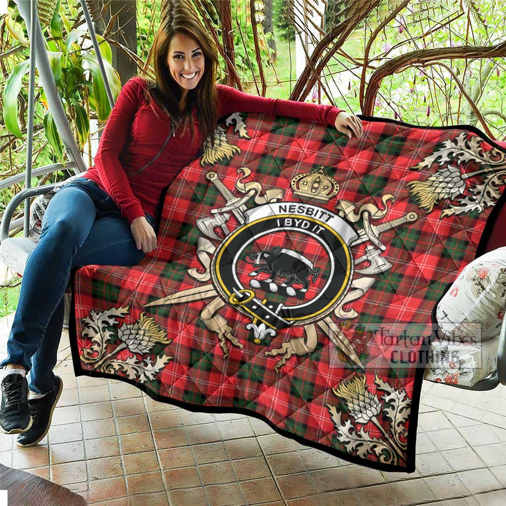 Tartan Vibes Clothing Nesbitt (Nisbet) Tartan Quilt with Family Crest and Scottish Golden Courage Shield