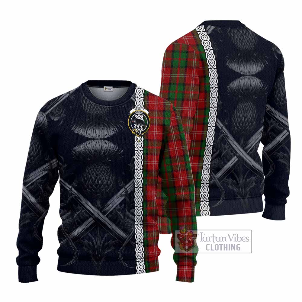 Tartan Vibes Clothing Nesbitt (Nisbet) Tartan Knitted Sweater with Family Crest Cross Sword Thistle Celtic Vibes