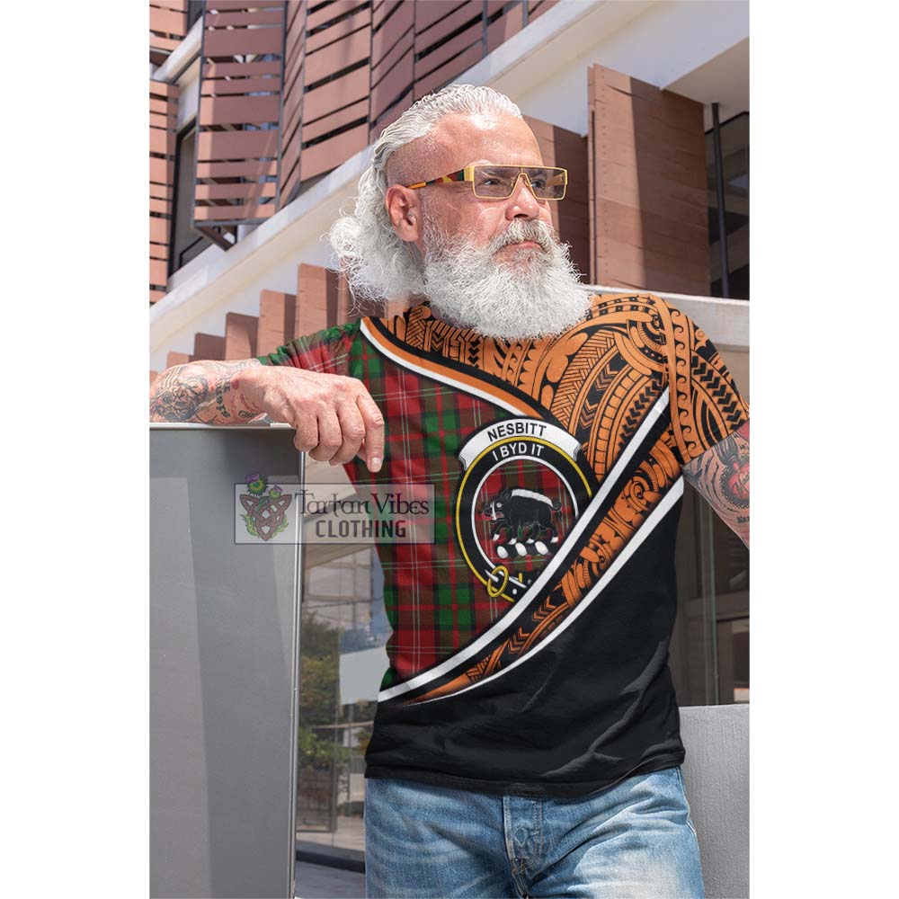 Tartan Vibes Clothing Nesbitt (Nisbet) Crest Tartan Cotton T-shirt with Maori Tattoo Style - Orange Version