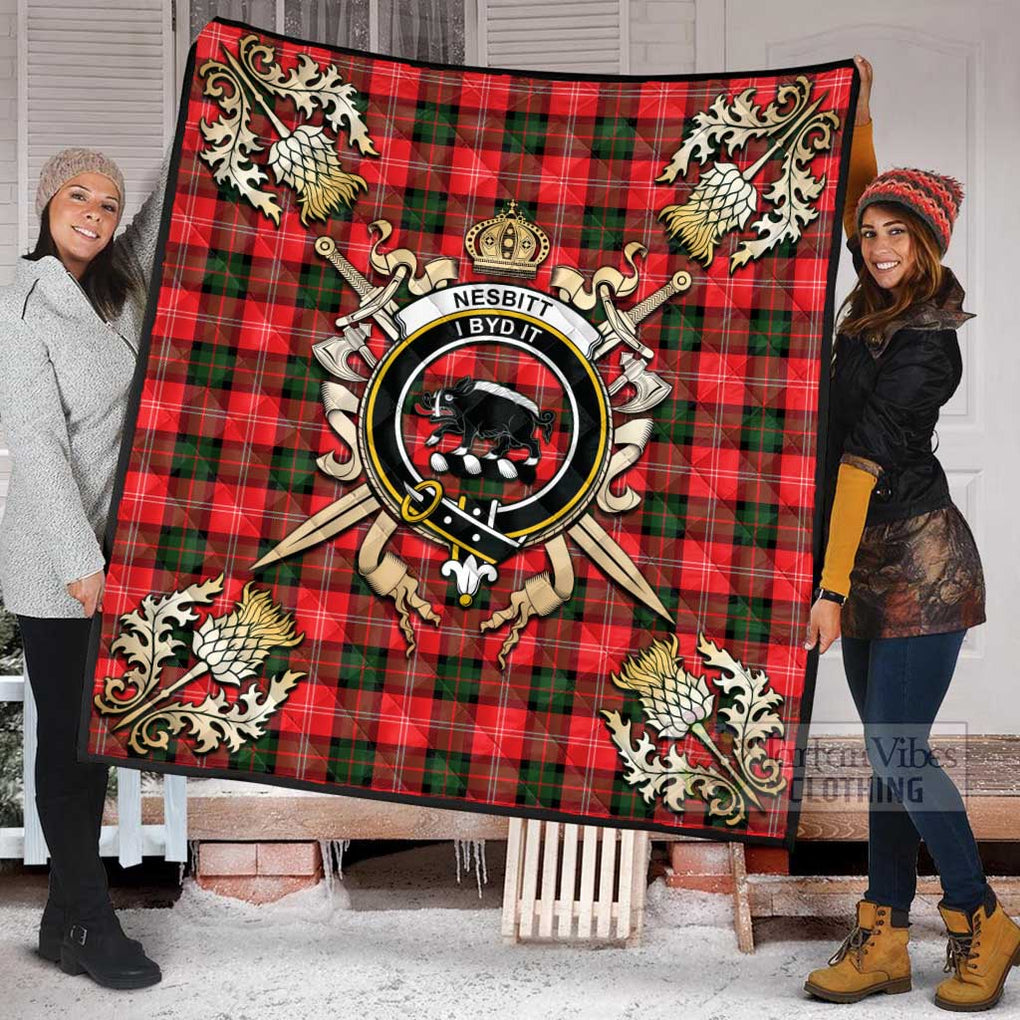 Tartan Vibes Clothing Nesbitt (Nisbet) Tartan Quilt with Family Crest and Scottish Golden Courage Shield