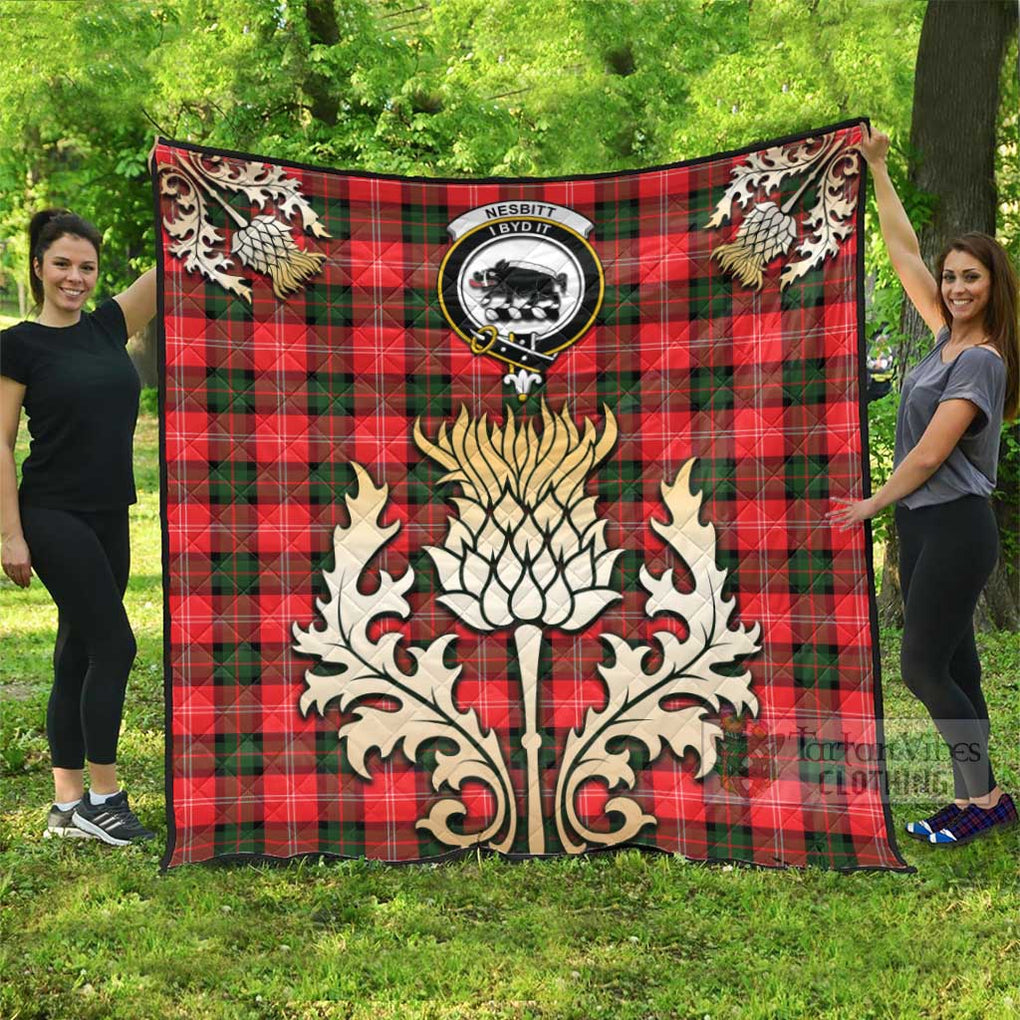 Tartan Vibes Clothing Nesbitt (Nisbet) Tartan Quilt with Family Crest and Golden Thistle Style