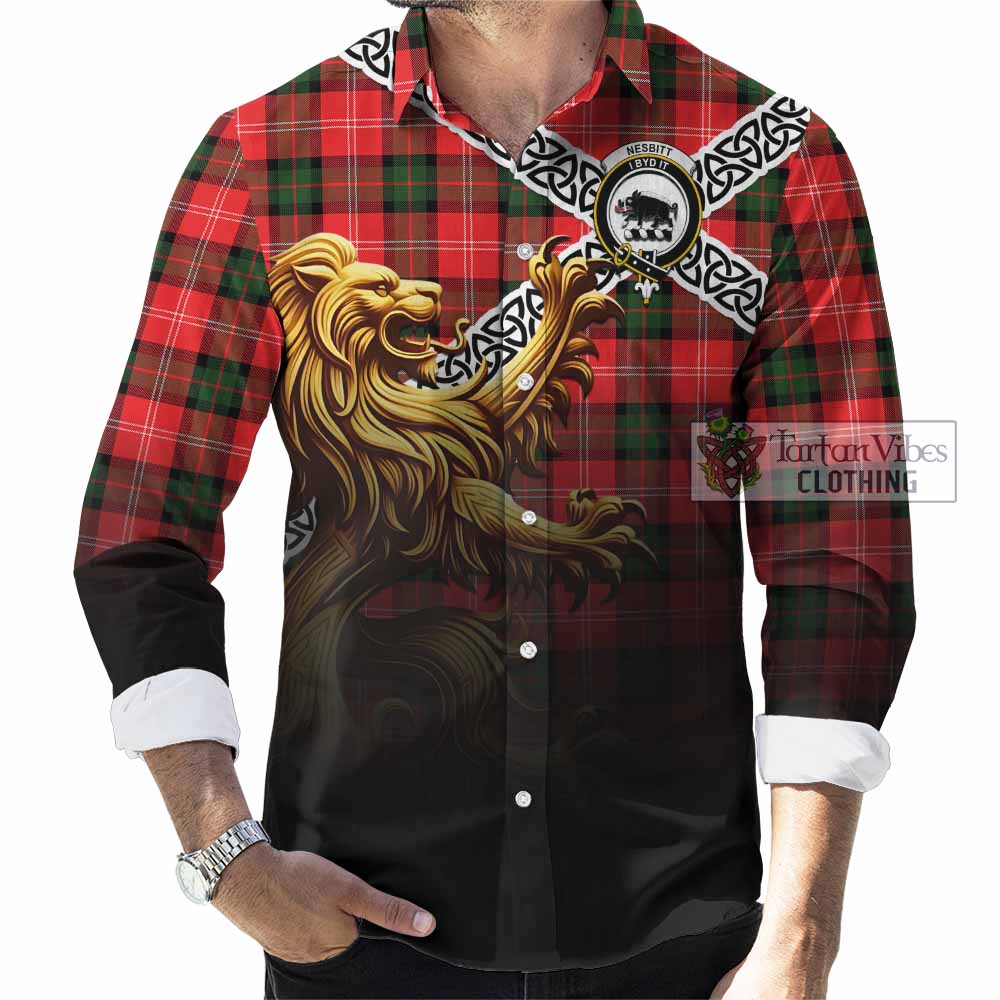 Nesbitt (Nisbet) Crest Tartan Long Sleeve Button Shirt with Golden Lion Emblem Celtic Style - Tartan Vibes Clothing
