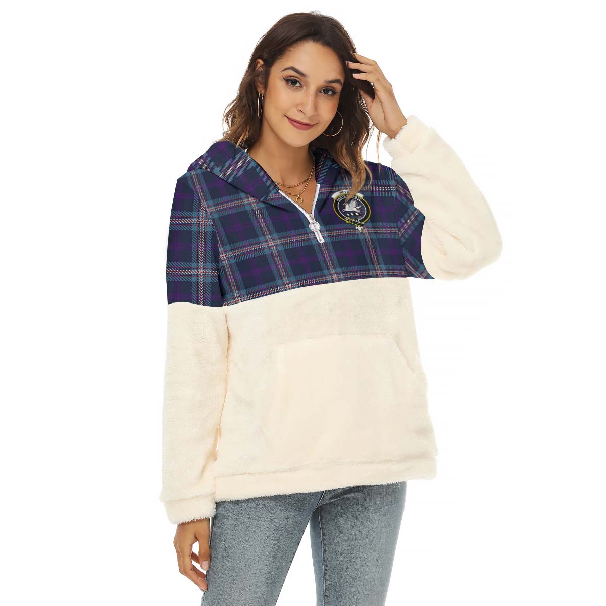 Nevoy Tartan Women's Borg Fleece Hoodie With Half Zip with Family Crest Female - Tartan Vibes Clothing