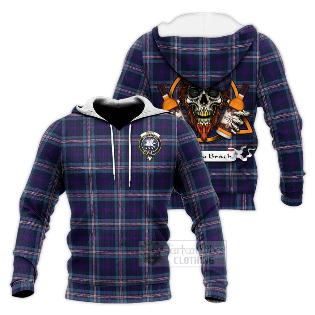 Tartan Vibes Clothing Nevoy Tartan Knitted Hoodie with Family Crest and Bearded Skull Holding Bottles of Whiskey