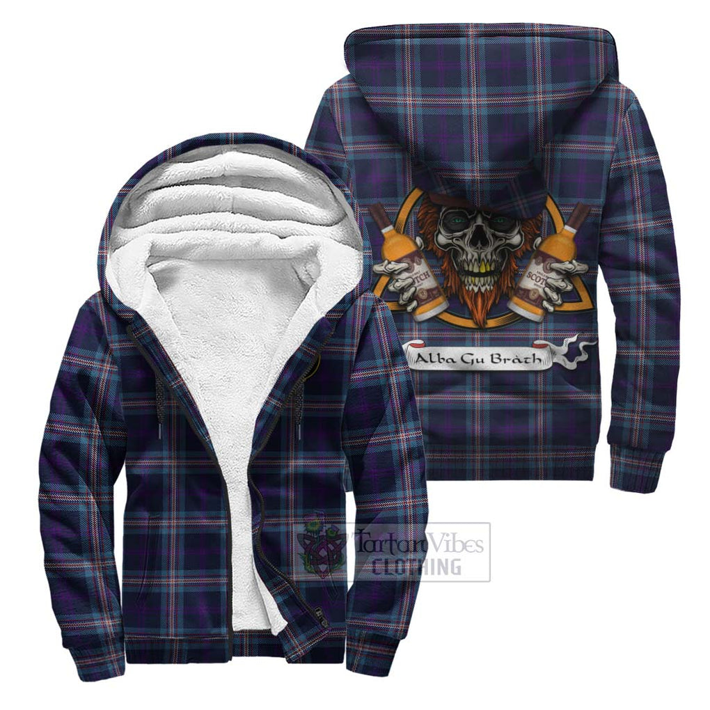 Tartan Vibes Clothing Nevoy Tartan Sherpa Hoodie with Family Crest and Bearded Skull Holding Bottles of Whiskey