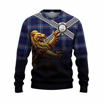 Nevoy Crest Tartan Knitted Sweater with Golden Lion Emblem Celtic Style Unisex - Tartan Vibes Clothing