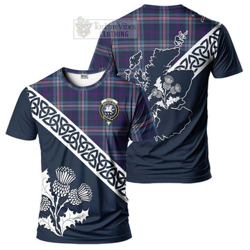 Nevoy Tartan T-Shirt Featuring Thistle and Scotland Map