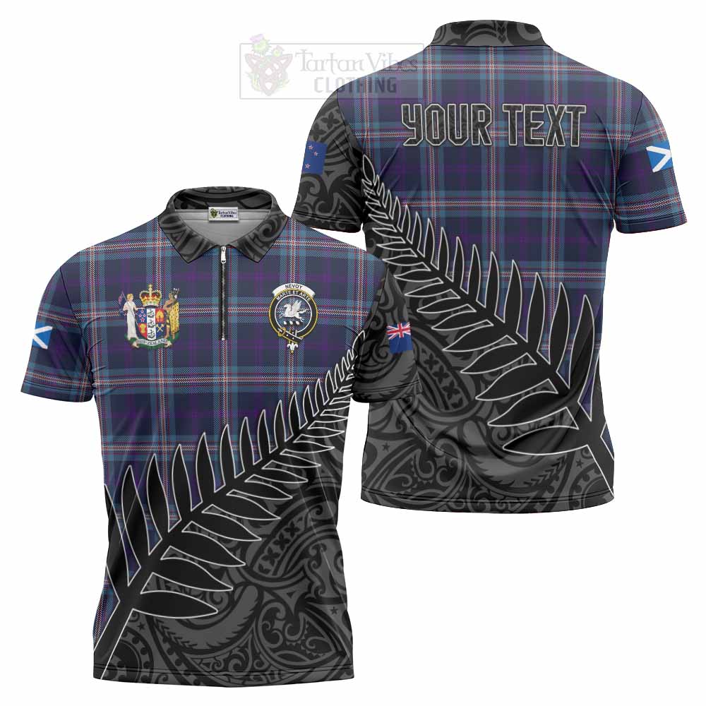 Tartan Vibes Clothing Nevoy Crest Tartan Zipper Polo Shirt with New Zealand Silver Fern Half Style