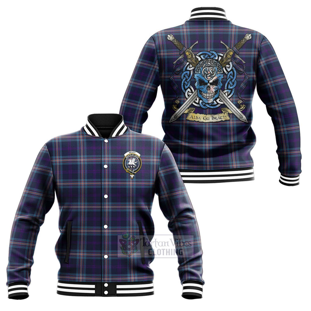 Tartan Vibes Clothing Nevoy Tartan Baseball Jacket with Family Crest Celtic Skull Style