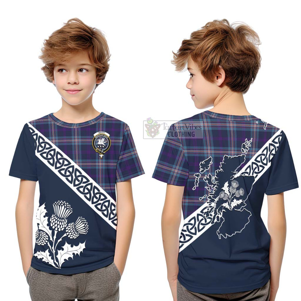 Tartan Vibes Clothing Nevoy Tartan Kid T-Shirt Featuring Thistle and Scotland Map