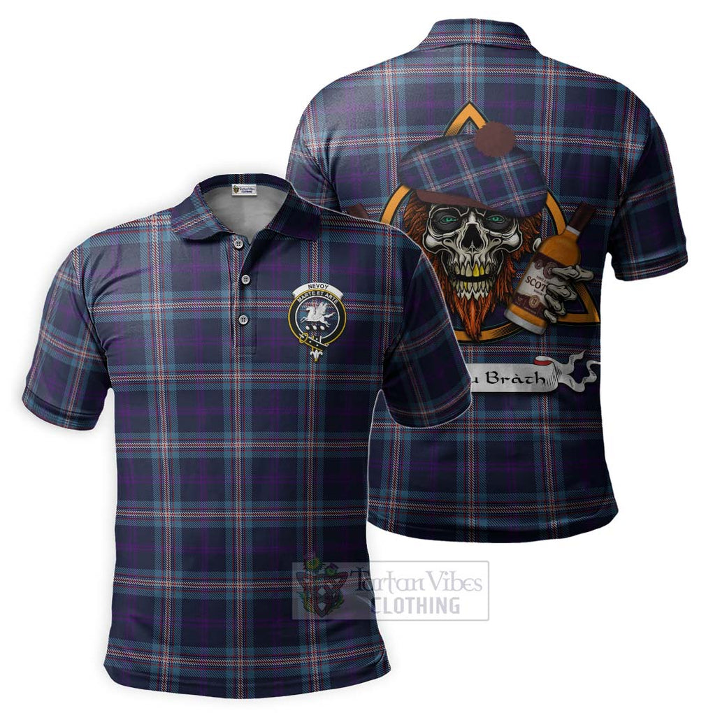 Tartan Vibes Clothing Nevoy Tartan Polo Shirt with Family Crest and Bearded Skull Holding Bottles of Whiskey