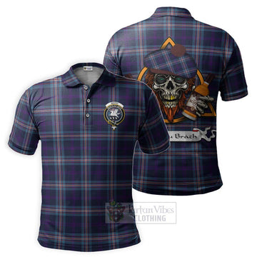 Nevoy Tartan Polo Shirt with Family Crest and Bearded Skull Holding Bottles of Whiskey