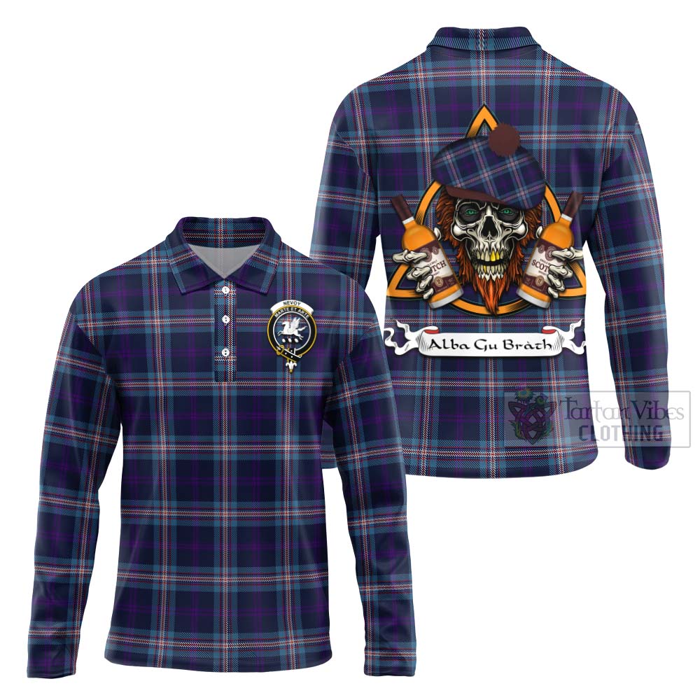 Tartan Vibes Clothing Nevoy Tartan Long Sleeve Polo Shirt with Family Crest and Bearded Skull Holding Bottles of Whiskey