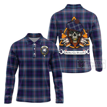 Nevoy Tartan Long Sleeve Polo Shirt with Family Crest and Bearded Skull Holding Bottles of Whiskey