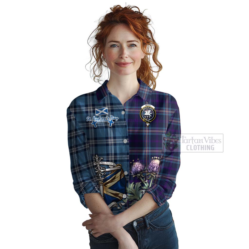 Tartan Vibes Clothing Nevoy Tartan Women's Casual Shirt Happy St. Andrew's Day Half Tartan Style