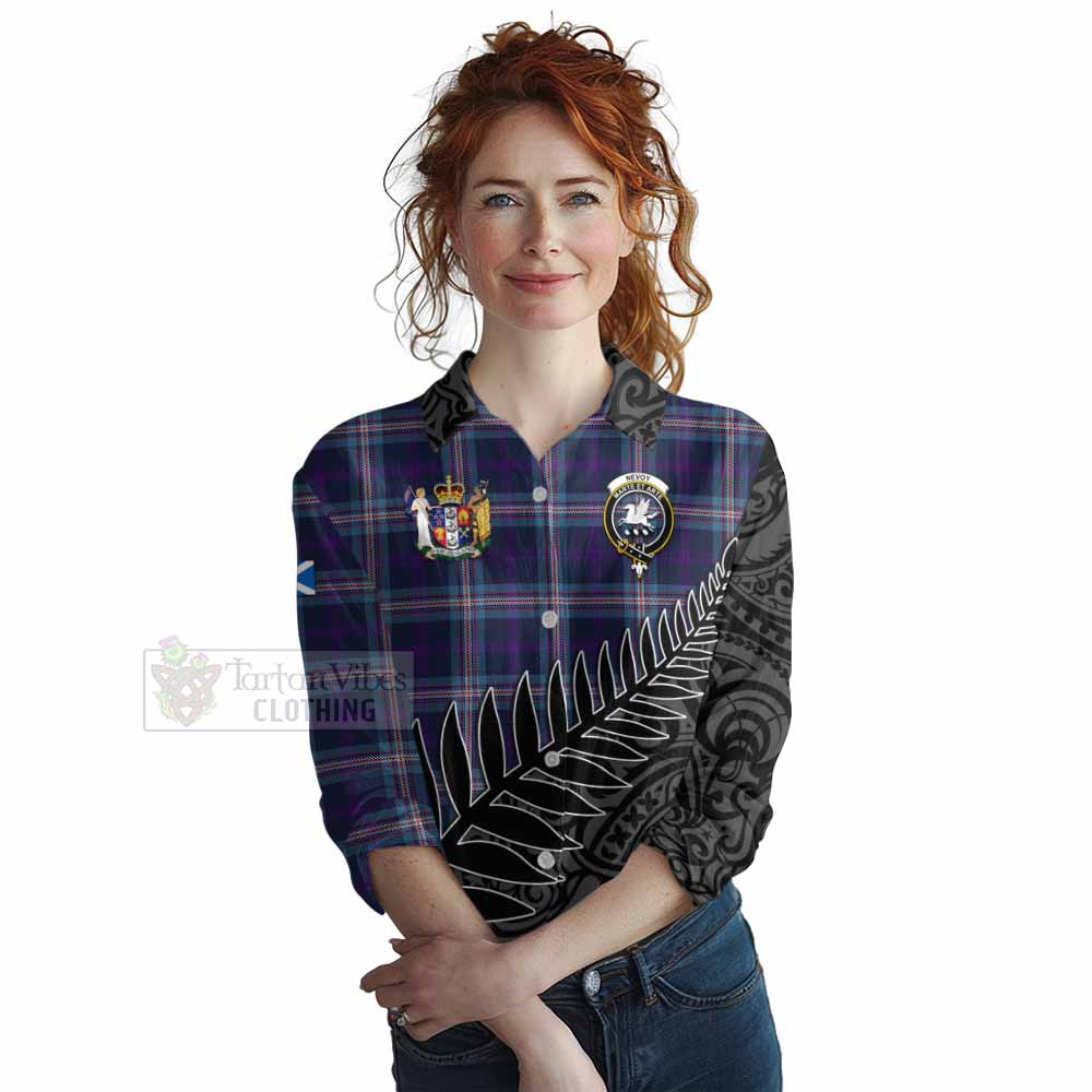 Tartan Vibes Clothing Nevoy Crest Tartan Women's Casual Shirt with New Zealand Silver Fern Half Style