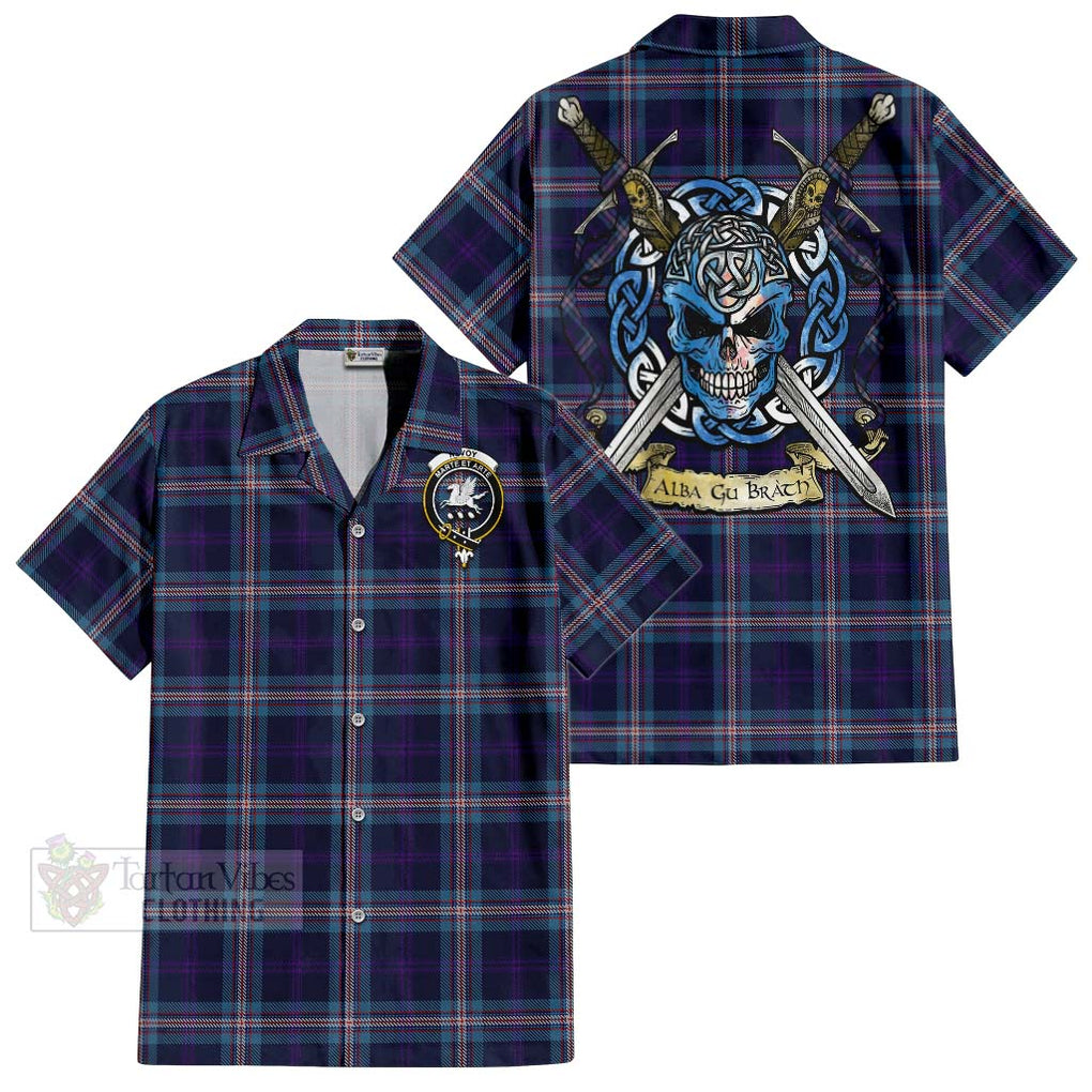 Tartan Vibes Clothing Nevoy Tartan Short Sleeve Button Shirt with Family Crest Celtic Skull Style