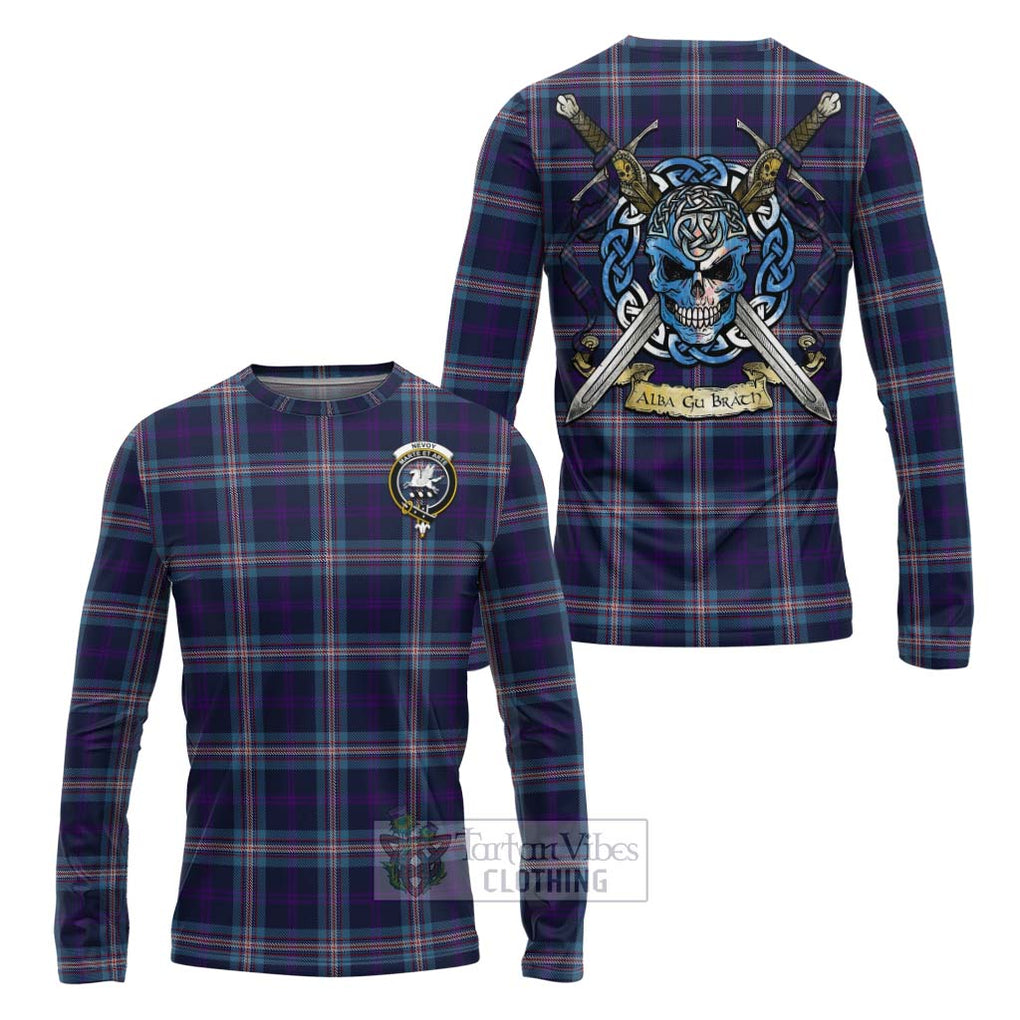 Tartan Vibes Clothing Nevoy Tartan Long Sleeve T-Shirt with Family Crest Celtic Skull Style