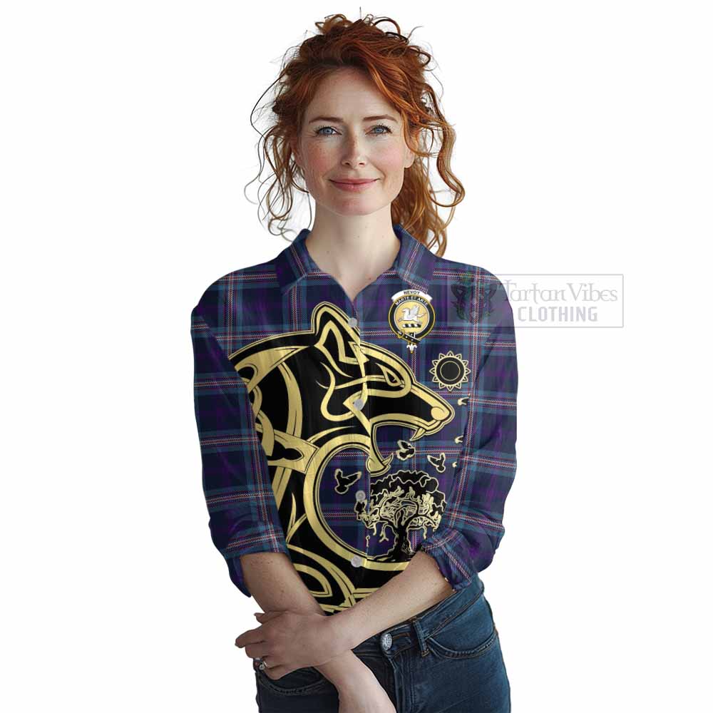 Tartan Vibes Clothing Nevoy Tartan Women's Casual Shirt with Family Crest Celtic Wolf Style