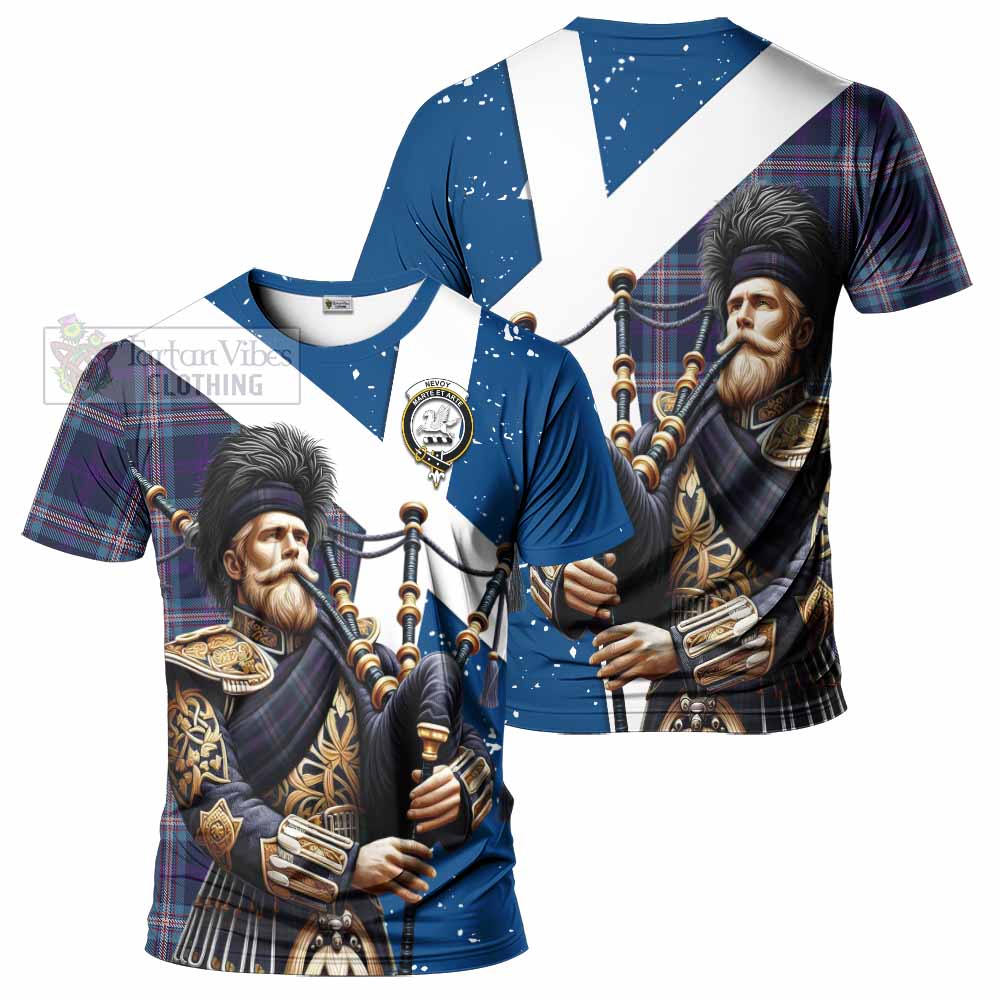 Tartan Vibes Clothing Nevoy Tartan T-Shirt with Family Crest Scottish Bagpiper Vibes