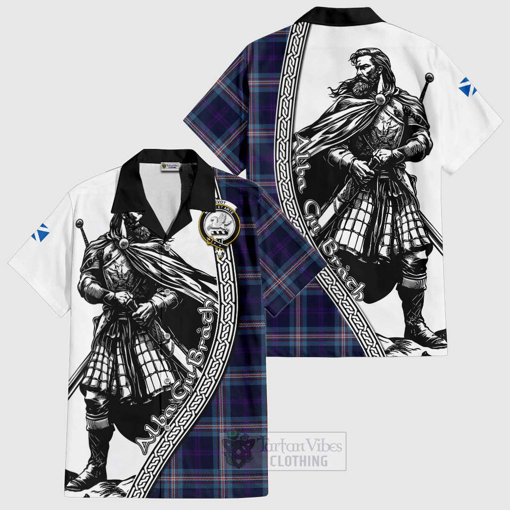 Tartan Vibes Clothing Nevoy Tartan Clan Crest Short Sleeve Button Shirt with Highlander Warrior Celtic Style