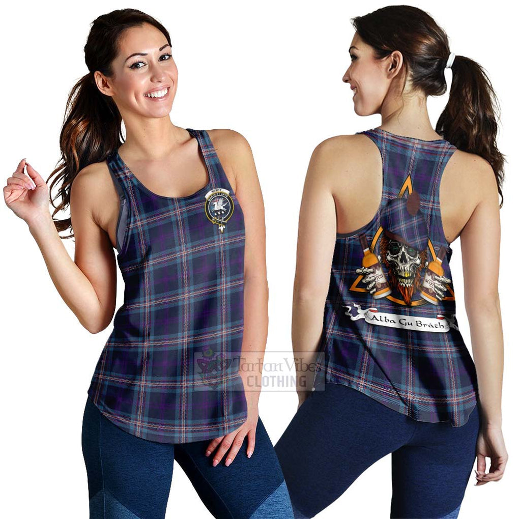 Tartan Vibes Clothing Nevoy Tartan Women's Racerback Tanks with Family Crest and Bearded Skull Holding Bottles of Whiskey