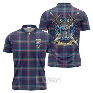 Nevoy Tartan Zipper Polo Shirt with Family Crest Celtic Skull Style