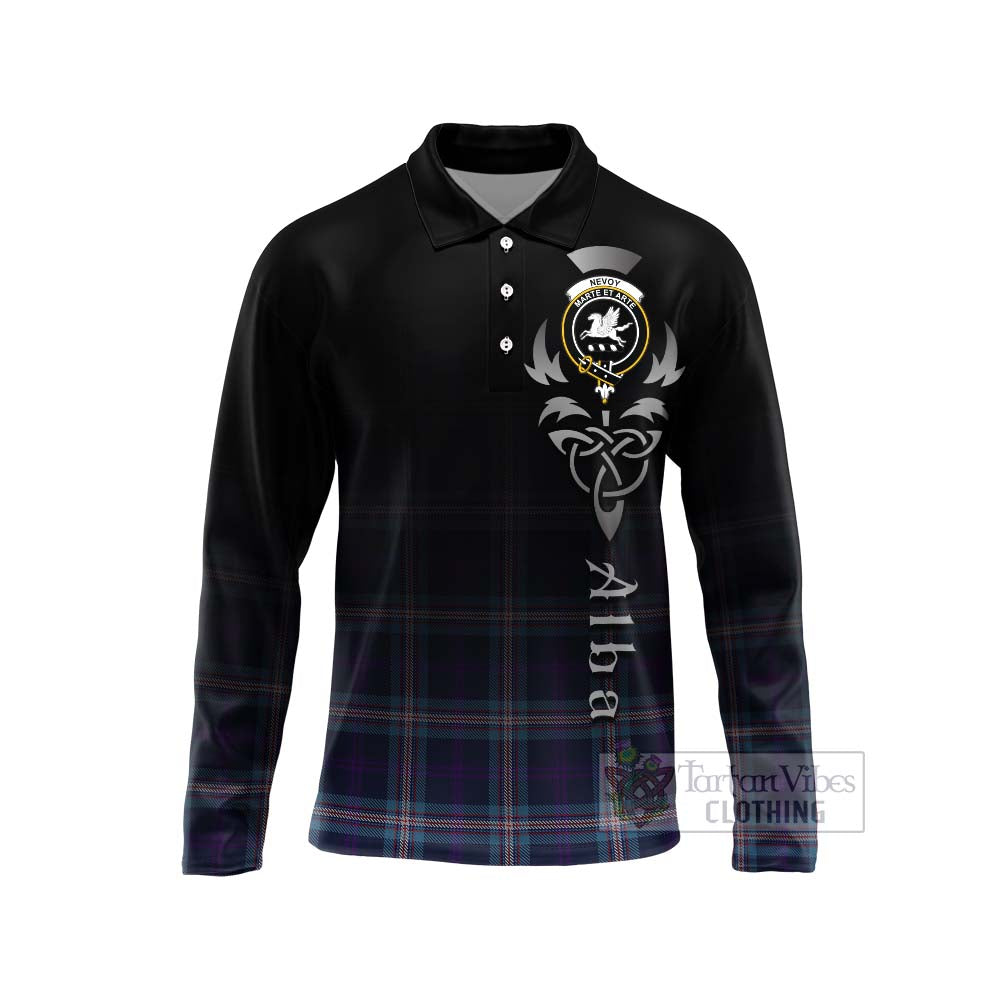 Tartan Vibes Clothing Nevoy Tartan Long Sleeve Polo Shirt Featuring Alba Gu Brath Family Crest Celtic Inspired