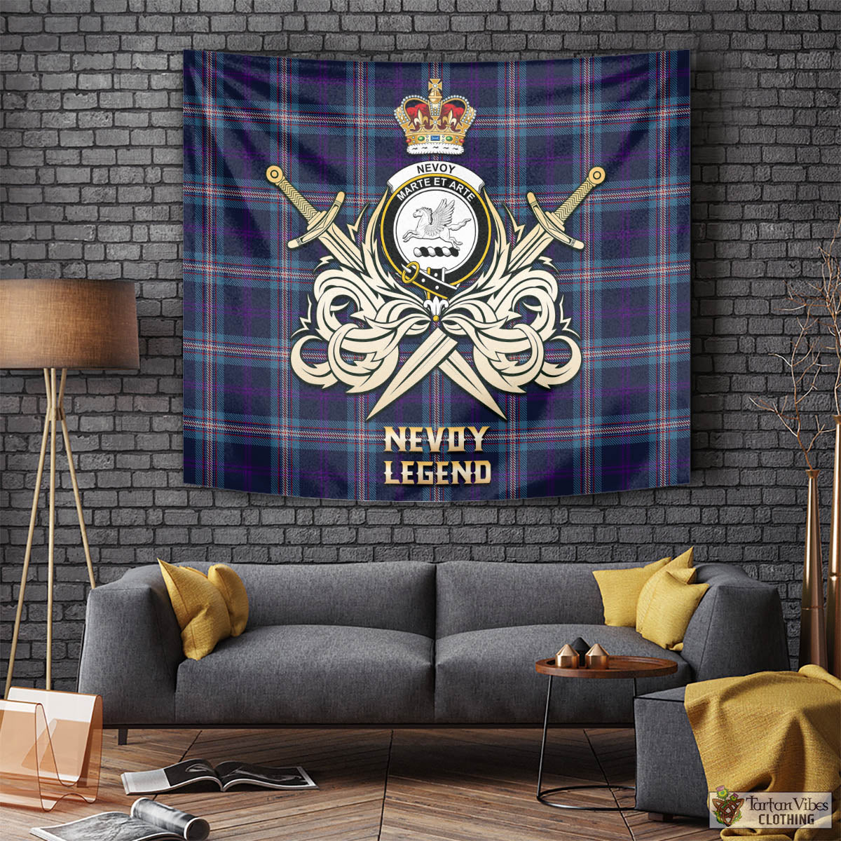 Tartan Vibes Clothing Nevoy Tartan Tapestry with Clan Crest and the Golden Sword of Courageous Legacy