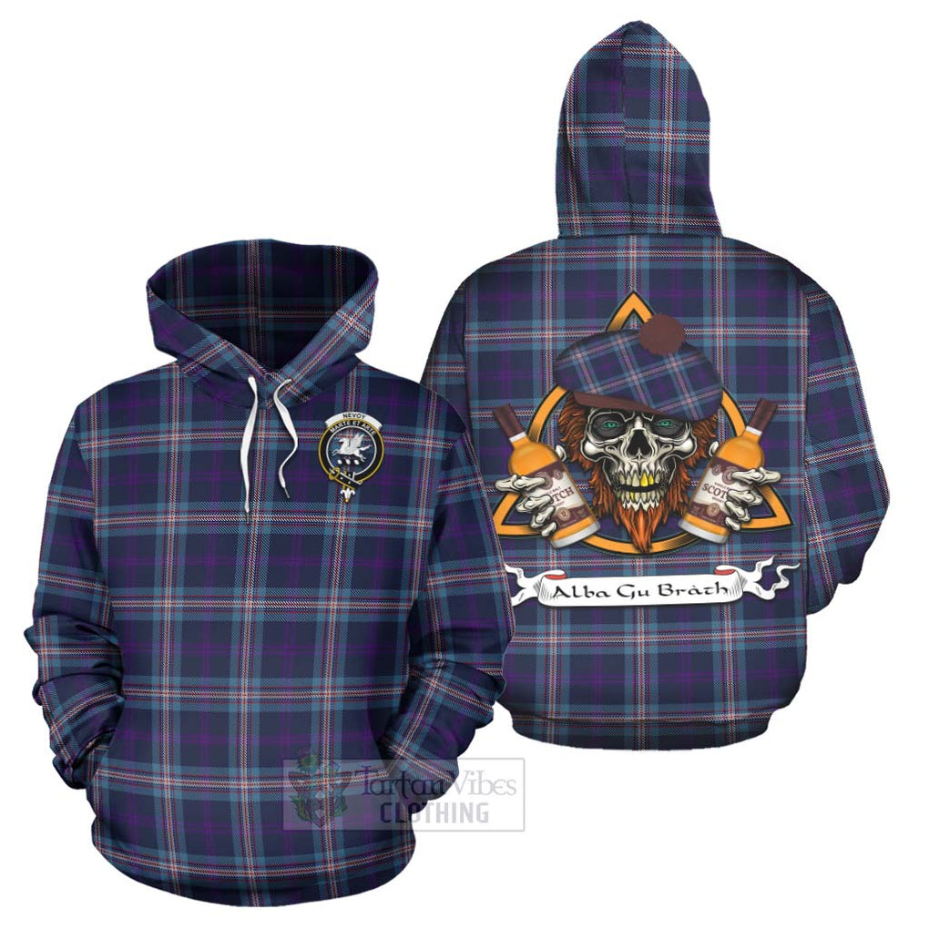 Tartan Vibes Clothing Nevoy Tartan Hoodie with Family Crest and Bearded Skull Holding Bottles of Whiskey