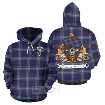 Nevoy Tartan Hoodie with Family Crest and Bearded Skull Holding Bottles of Whiskey