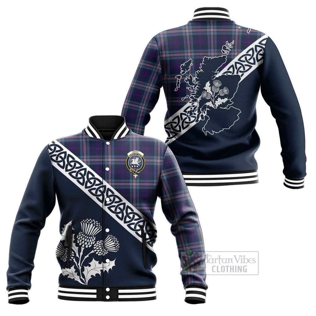 Tartan Vibes Clothing Nevoy Tartan Baseball Jacket Featuring Thistle and Scotland Map