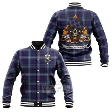 Nevoy Tartan Baseball Jacket with Family Crest and Bearded Skull Holding Bottles of Whiskey