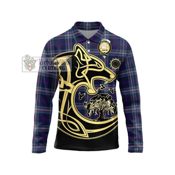 Nevoy Tartan Long Sleeve Polo Shirt with Family Crest Celtic Wolf Style