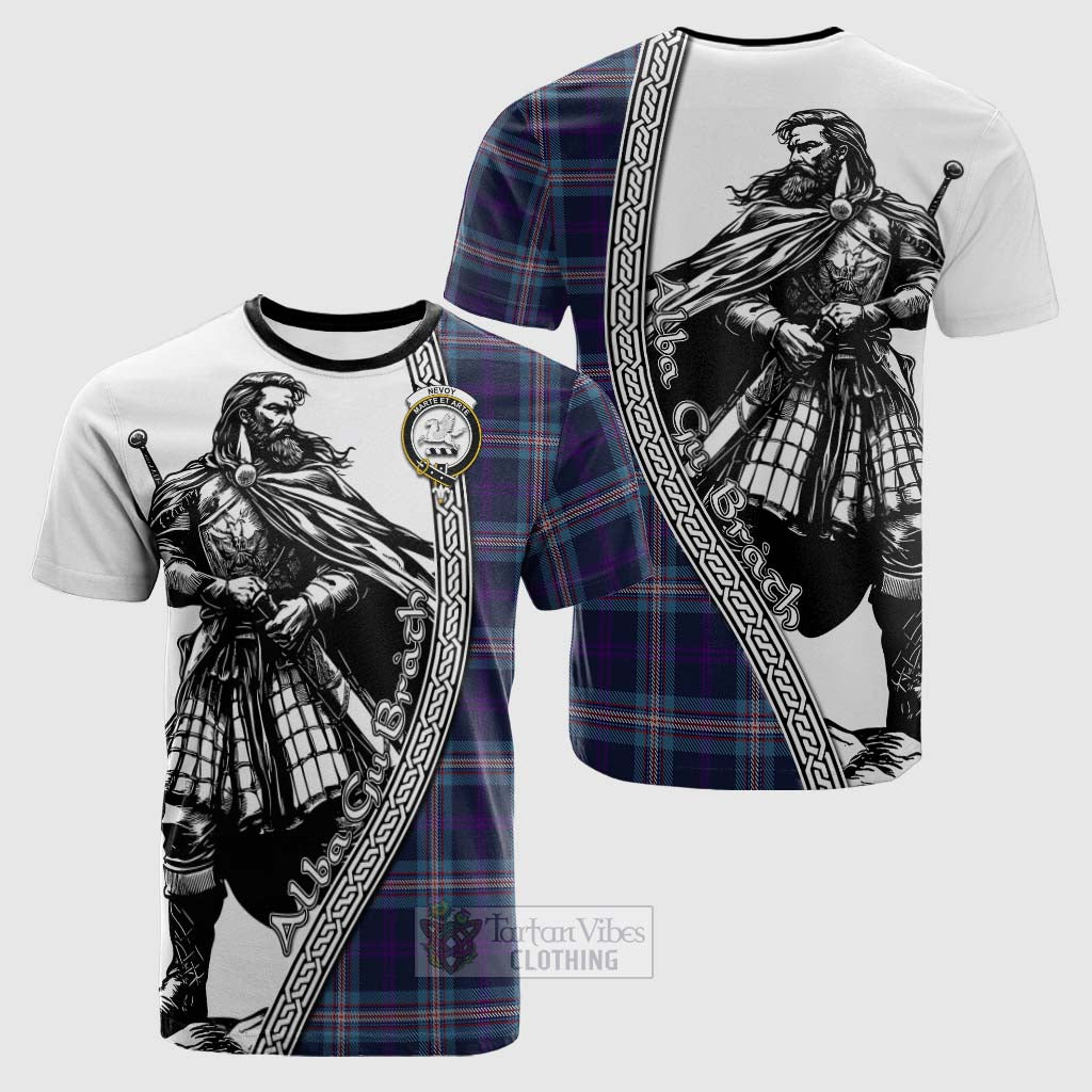 Tartan Vibes Clothing Nevoy Tartan Clan Crest Cotton T-shirt with Highlander Warrior Celtic Style