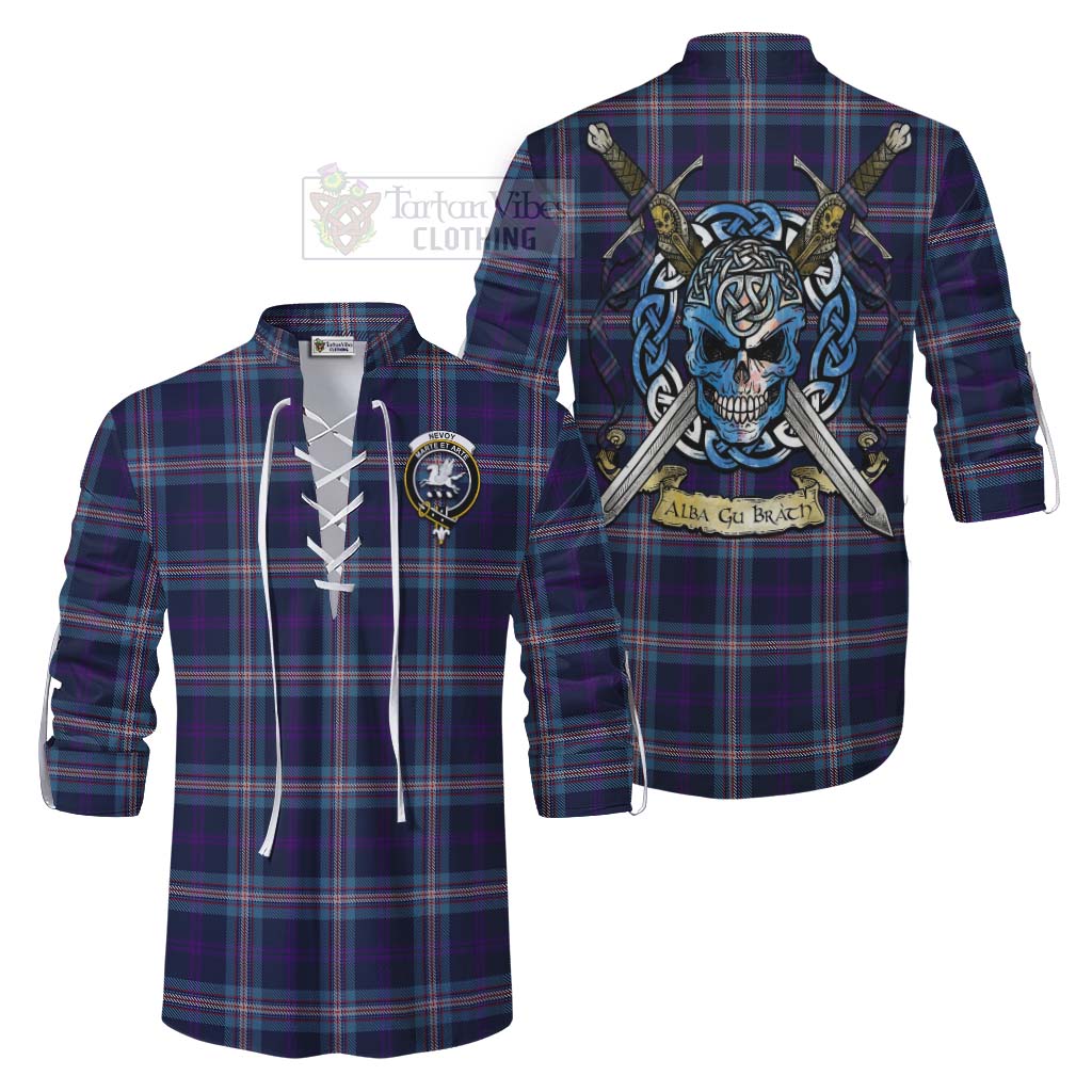 Tartan Vibes Clothing Nevoy Tartan Ghillie Kilt Shirt with Family Crest Celtic Skull Style