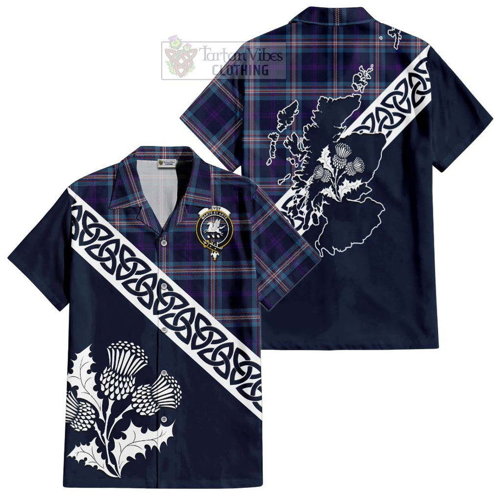 Tartan Vibes Clothing Nevoy Tartan Short Sleeve Button Shirt Featuring Thistle and Scotland Map